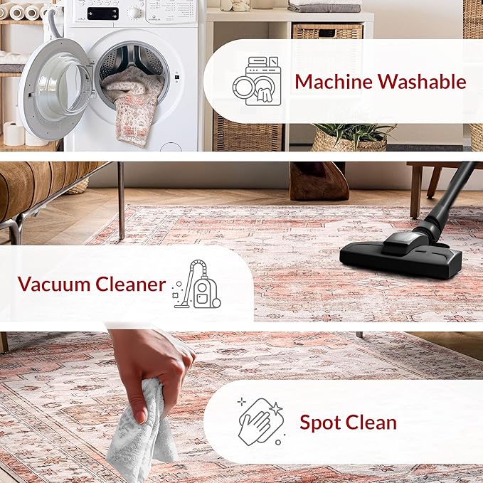 nuLOOM 4x6 Machine Washable Rain Haven Vintage Medallion Area Rug, Beige, Traditional Faded Design, Non-Slip Backing, Stain Resistant, For Bedroom, Dining Room, Living Room, Kitchen - LeafyLoom
