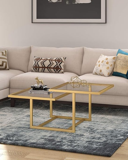 Henn&Hart 43" Wide Square Coffee Table in Brass, Modern coffee tables for living room, studio apartment essentials - LeafyLoom