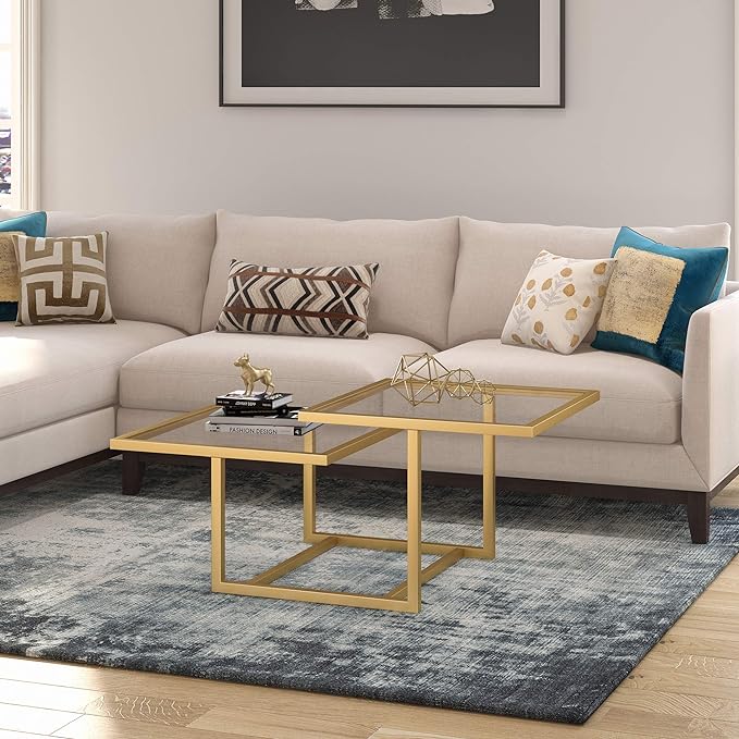 Henn&Hart 43" Wide Square Coffee Table in Brass, Modern coffee tables for living room, studio apartment essentials - LeafyLoom
