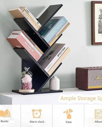 Hoctieon 4 Tier Tree Bookshelf, 4 Shelf Bookcase, Free Standing Tree Bookcase, Display Floor Standing Shelf for Books, Book Organizer Shelves for Home Office, Living Room, Bedroom, Black - LeafyLoom