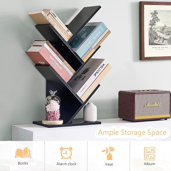 Hoctieon 4 Tier Tree Bookshelf, 4 Shelf Bookcase, Free Standing Tree Bookcase, Display Floor Standing Shelf for Books, Book Organizer Shelves for Home Office, Living Room, Bedroom, Black - LeafyLoom