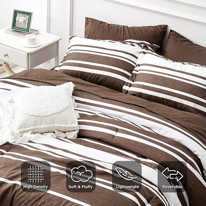 Bedsure Bed in a Bag Twin Size 5-Piece Brown White Striped Bedding Comforter Sets All Season Bed Set with 1 Pillow Sham, Flat Sheet, Fitted Sheet and 1 Pillowcase - LeafyLoom