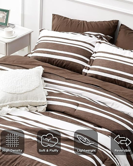 Bedsure Bed in a Bag Queen Size 7-Piece Brown White Striped Bedding Comforter Sets All Season Bed Set, 2 Pillow Shams, Flat Sheet, Fitted Sheet and 2 Pillowcases - LeafyLoom