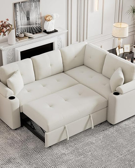 Boucle Upholstered Reversible Sleeper Sectional Sofa with Pull Out Bed , 3 Seater L Shaped Convertible Corner Couch with Cupholders&USB Ports, Power Sockets, Small Pullout Sofabed for Living Room - LeafyLoom