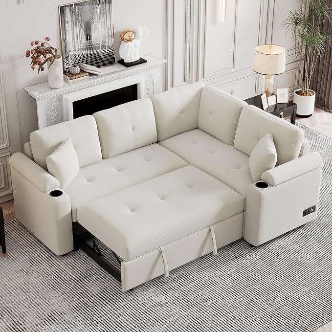 Boucle Upholstered Reversible Sleeper Sectional Sofa with Pull Out Bed , 3 Seater L Shaped Convertible Corner Couch with Cupholders&USB Ports, Power Sockets, Small Pullout Sofabed for Living Room - LeafyLoom