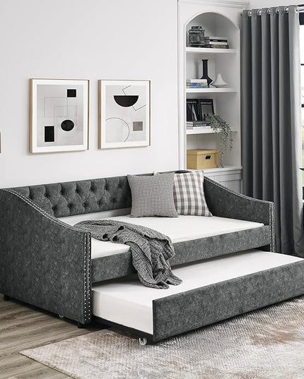 Twin Size Upholstered Daybed with Twin Size Trundle, Tufted Twin Day Bed w/Button Back and Waved Shape Copper Nail Arms, No Spring Box Needed, Easy Assemble, for Living Room - LeafyLoom