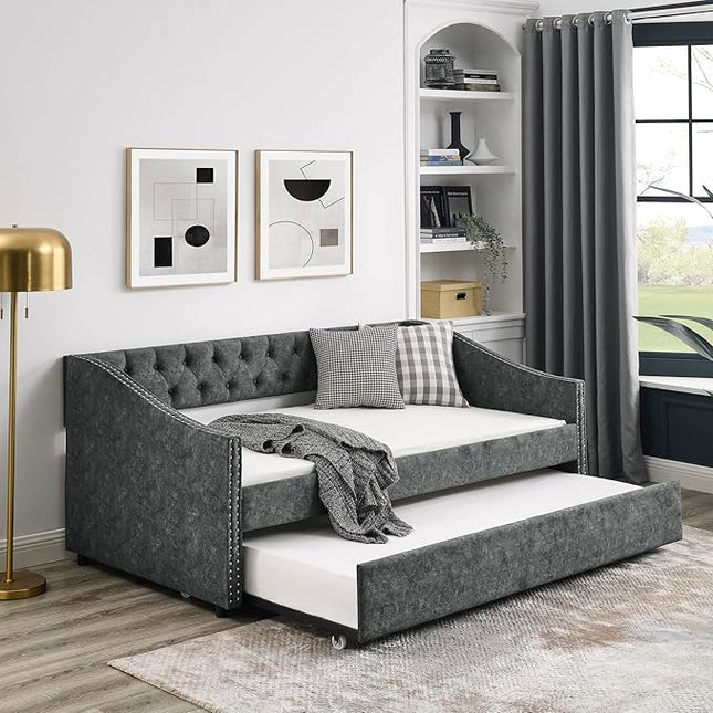 Twin Size Daybed with Trundle,Linen Upholstered Sofa Bed W/Button on Back & Copper Nail on Waved Shape Armrests,Space Saving,No Spring Box Need,Wood Bedframe for Living Room Bedroom Dorm,Grey - LeafyLoom