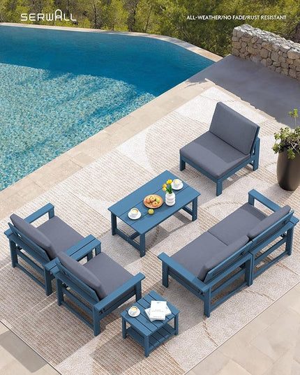 SERWALL HDPE Patio Coversation Set, 7-piece Outdoor Sectional Sofa Set, All Weather Patio Couch Set Patio Furniture for Balcony, Deck, Navy Frame with Grey Cushion - LeafyLoom