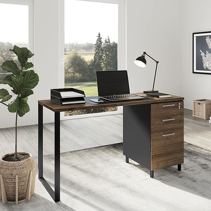Milano Home Office Desk - 47Inch Cass Walnut/Black Home Office Desk with Drawers - Modern Computer Desk with Storage, Detachable & Lockable Computer Cabinet - Wooden Office, Study, and Writing Table - LeafyLoom