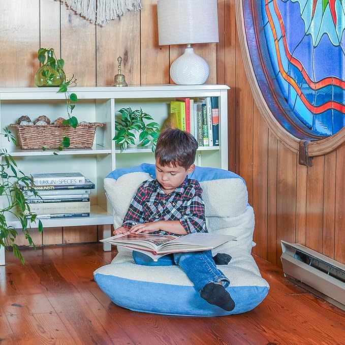 Big Joe Roma Kid's Bean Bag Chair, Oat Sherpa and Dusty Blue, Vegan Suede, 2 feet - LeafyLoom