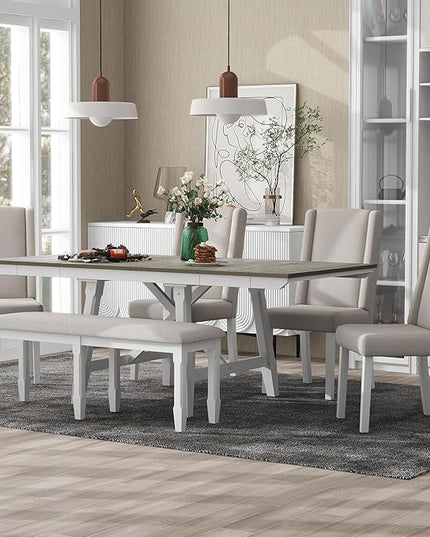 78Inch Dining Table Set for 6, Rectangular Extendable Dining Table with two 12" W Removable Leaves and 4 Upholstered Chairs & 1 Bench for Dining Room, Brown+White - LeafyLoom