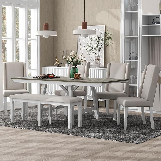 78Inch Dining Table Set for 6, Rectangular Extendable Dining Table with two 12" W Removable Leaves and 4 Upholstered Chairs & 1 Bench for Dining Room, Brown+White - LeafyLoom