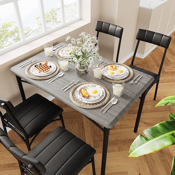IDEALHOUSE Dining Table Set for 4, Kitchen Table and Chairs for 4, Rectangular Dining Room Table Set with 4 Upholstered Chairs, 5 Piece Kitchen Table Set for Small Space, Apartment, Retro Grey - LeafyLoom