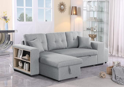 L-Shape Sectional Sofa with Pull Out Loveseat, Linen Upholstered Reversible Sleeper Bed, Couches with Storage Chaise, Cabinet Armrest, for Living Room Apartment, Light Gray, 95.27 - LeafyLoom