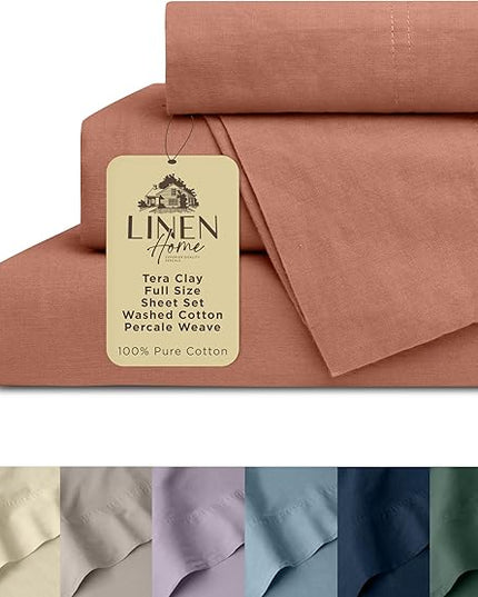 Linen Home Washed Cotton Percale Full Sheet Set, Tera Clay, Deep Pocket, 4 Pieces Bed Sheets - 1 Flat Sheet, 1 Fitted Sheet & 2 Envelope Closure Pillowcases, Cool and Comfortable Bed Linen - LeafyLoom