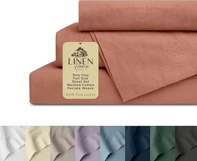 Linen Home Washed Cotton Percale Full Sheet Set, Tera Clay, Deep Pocket, 4 Pieces Bed Sheets - 1 Flat Sheet, 1 Fitted Sheet & 2 Envelope Closure Pillowcases, Cool and Comfortable Bed Linen - LeafyLoom