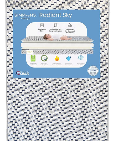 Delta Children Perry 6-in-1 Convertible Crib - Greenguard Gold Certified, Bianca White + Simmons Kids Radiant Sky Dual Sided Baby Crib Mattress and Toddler Mattress (Bundle) - LeafyLoom