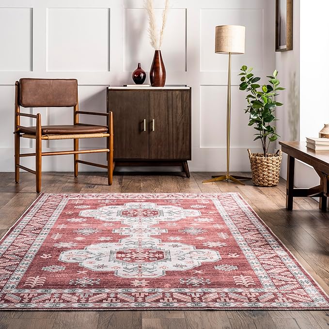 nuLOOM Norma Machine Washable Traditional Medallion Ultra Thin Area Rug, 8' x 10', Rust - LeafyLoom