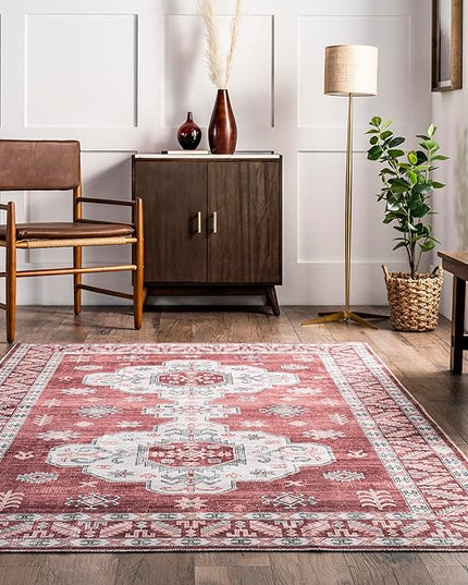 nuLOOM Norma Machine Washable Traditional Medallion Ultra Thin Area Rug, 5' x 8', Rust - LeafyLoom