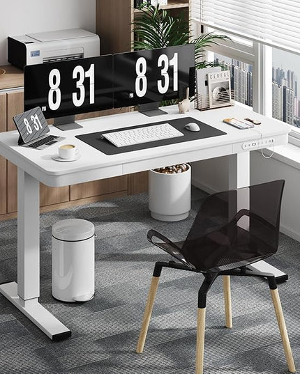 Electric Standing Desk with Drawer, 48 x 24 inches with Preassembled Top & USB Charging Ports, Height Adjustable for Home & Office, White - LeafyLoom
