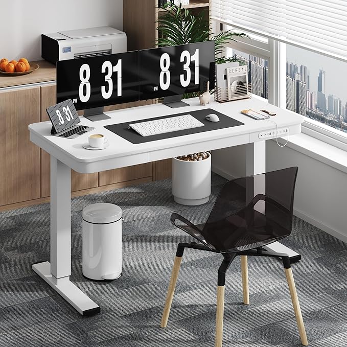 Electric Standing Desk with Drawer, 48 x 24 inches with Preassembled Top & USB Charging Ports, Height Adjustable for Home & Office, White - LeafyLoom