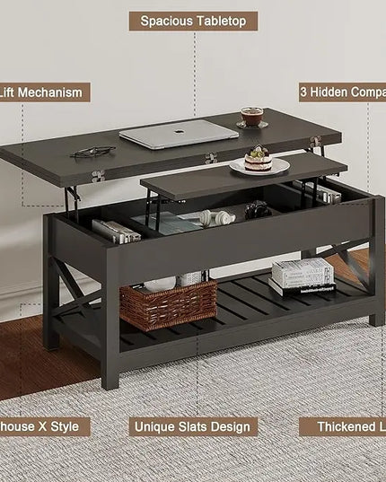ChooChoo Coffee Table Lift Top, Multi-Function Convertible Coffee Table with Storage and Hidden Compartment, Coffee Table Converts to Dining Table for Living Room, 40 Black - LeafyLoom
