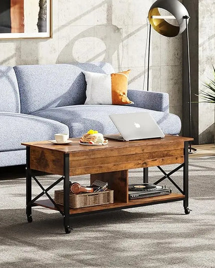 WLIVE Coffee Table, Lift Top Coffee Table with Hidden Compartment, 4 in 1 Multi-Function Coffee Tables with 4 Wheels for Living Room, Mid-Century Lift Tabletop Dining Table, Rustic Brown - LeafyLoom