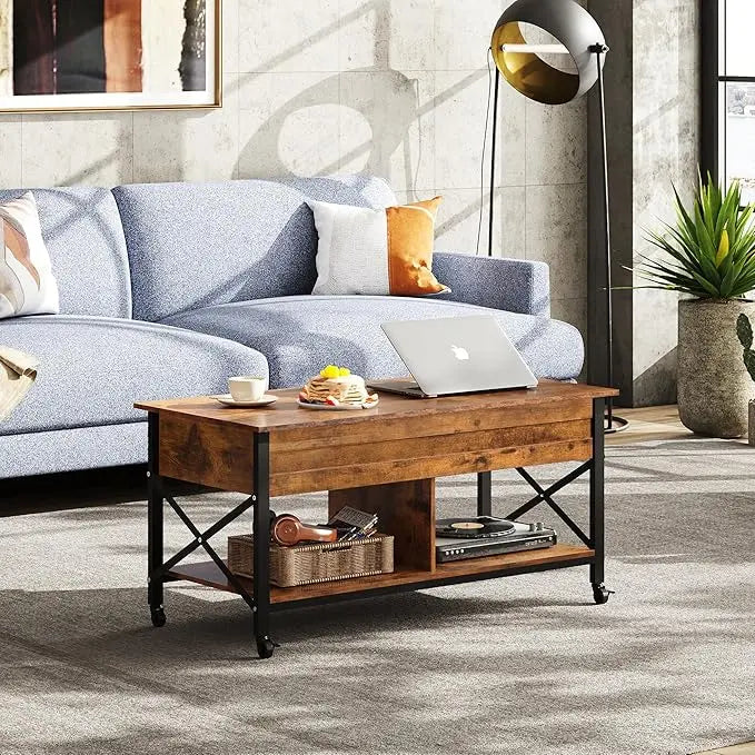 WLIVE Coffee Table, Lift Top Coffee Table with Hidden Compartment, 4 in 1 Multi-Function Coffee Tables with 4 Wheels for Living Room, Mid-Century Lift Tabletop Dining Table, Rustic Brown - LeafyLoom