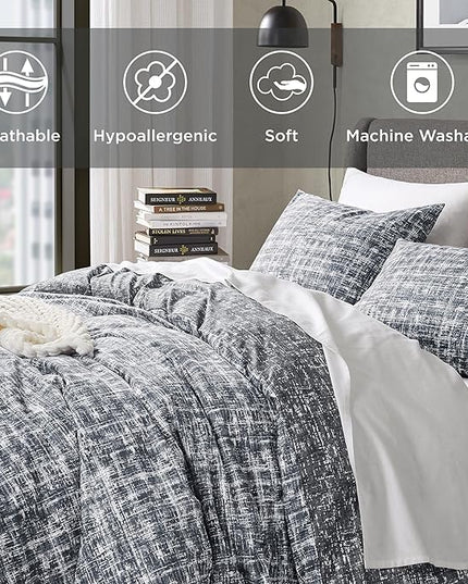 Hyde Lane Mens Full/Queen Comforter Set, Grey Modern Farmhouse Aesthetic Soft masculine Bedding, Plaid Lines Pattern Bed Sets for All Season, 3 Pieces includes 1 Comforter, 2 Shams (90"x 90") - LeafyLoom