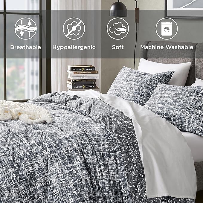 Hyde Lane Mens Full/Queen Comforter Set, Grey Modern Farmhouse Aesthetic Soft masculine Bedding, Plaid Lines Pattern Bed Sets for All Season, 3 Pieces includes 1 Comforter, 2 Shams (90"x 90") - LeafyLoom