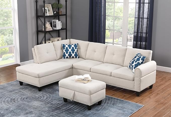 98" L-Shaped Sectional Couch with Storage Ottoman and Left Facing Chaise,Linen Upholstered Sofa with 2 Cup Holders and 2 Throw Pillows for Living Room,Beige - LeafyLoom