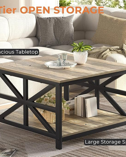GreenForest Coffee Table with Storage, Small Coffee Table with Split Tabletop for Living Room, 27.6 inch Farmhouse Square Sofa Table Center Table for Small Spaces, Easy Assembly, Grey Wash - LeafyLoom