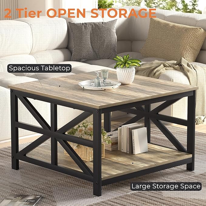 GreenForest Coffee Table with Storage, Small Coffee Table with Split Tabletop for Living Room, 27.6 inch Farmhouse Square Sofa Table Center Table for Small Spaces, Easy Assembly, Grey Wash - LeafyLoom