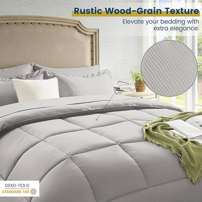 Twin Bed in a Bag 5 Pieces Comforter Set Twin, Wood Grain Texture Bedding Comforter Set Light Grey Bed Set with Comforter, Pillowcase, Flat Sheet, Fitted Sheet and Pillow Sham - LeafyLoom