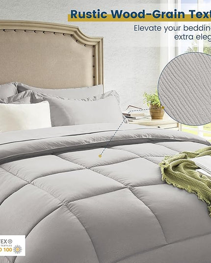 King Size Bed in a Bag 7 Pieces Comforter Set King, Wood Grain Texture Bedding Comforter Set Light Grey Bed Set with Comforter, Pillowcases, Flat Sheet, Fitted Sheet and Pillow Shams - LeafyLoom