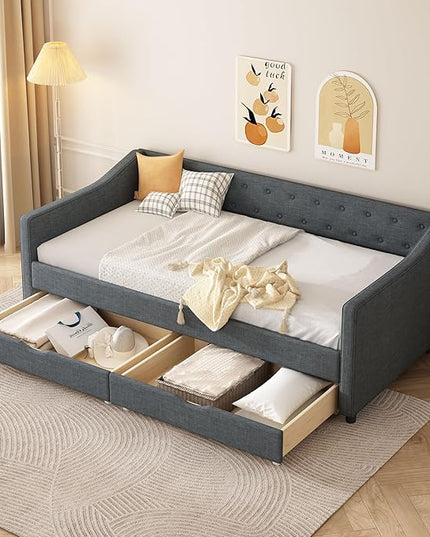 Twin Size Daybed with 2 Drawers, Upholstered Tufted Sofa Bed with Button on Back and Piping on Waved Shape Arms for Bedroom, Apartment, Living Room, Wooden Slats Support, Dark Grey - LeafyLoom