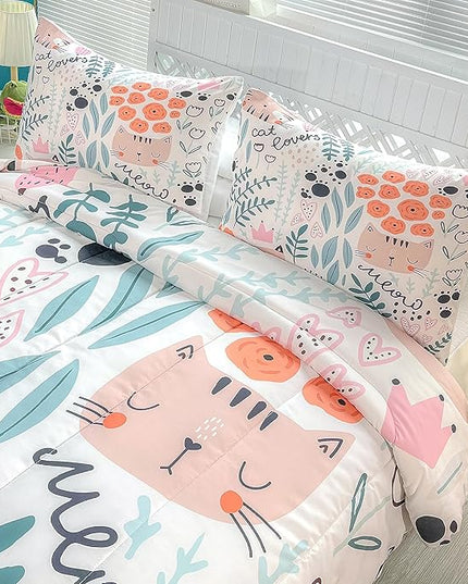 CVHOUSE Cat Bedding,Cartoon Cat Comforter King,Animals Print Comforter Set for Kids,Kawaii Quilt Set with 1 Comforter and 2 Pillow Cases - LeafyLoom