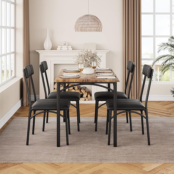 GAOMON Dining Table Set for 4, Kitchen Table and Chairs for 4 with Upholstered Chairs, 5 Piece Dining Room Table Set, Rectangular Kitchen Table Set for Small Space, Apartment, Studio, Rustic Brown - LeafyLoom