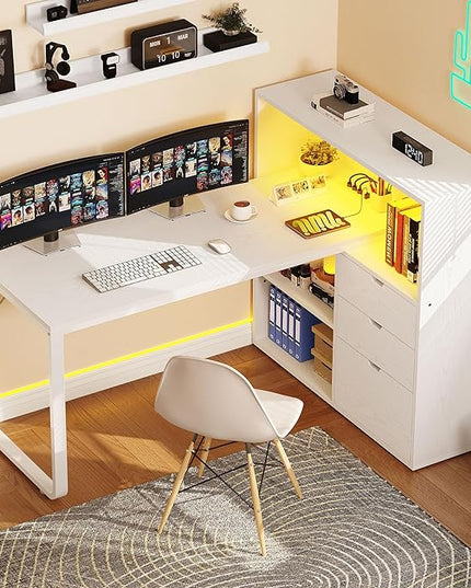 DWVO L Shaped Desk with Drawers, 55" Corner Computer Desk with Bookshelf & Power Outlets & LED Lights, Home Office Desk with Storage Shelves, White - LeafyLoom