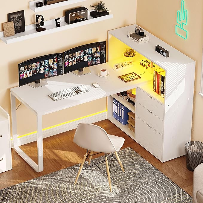 DWVO L Shaped Desk with Drawers, 55" Corner Computer Desk with Bookshelf & Power Outlets & LED Lights, Home Office Desk with Storage Shelves, White - LeafyLoom
