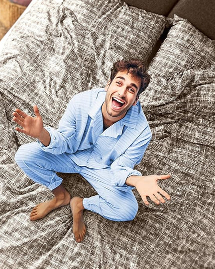 Hyde Lane Comforter King Size for Men, Taupe Modern Farmhouse Aesthetic Soft Bedding Set, Masculine Plaid Lines Pattern Bed Sets for All Season, 3 Pieces includes 1 Comforter, 2 Shams (104"x 90") - LeafyLoom