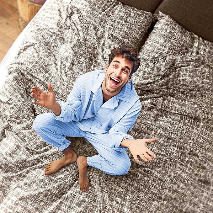 Hyde Lane Comforter King Size for Men, Taupe Modern Farmhouse Aesthetic Soft Bedding Set, Masculine Plaid Lines Pattern Bed Sets for All Season, 3 Pieces includes 1 Comforter, 2 Shams (104"x 90") - LeafyLoom