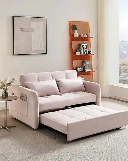 Velvet Tufted Convertible Pull Out Sofa Bed , 3 in 1 Multi-Functional Futon Lounge Chair Sleeper Couch Bed, Pullout Sofá with Adjustable Backrest and USB Ports for Living Room Small Space Apartment - LeafyLoom