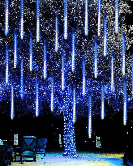 Dazzle Bright 288 LED Christmas Light, 11.8 Inch Meteor Shower Rain Lights with 8 Tubes，Waterproof Plug in Falling Rain Lights Christmas Decorations for Xmas Bushes Tree Yard Party, Blue and White DazzleBright