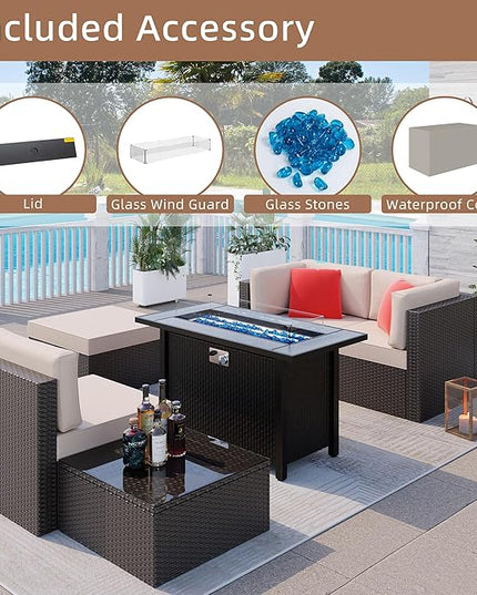 Shintenchi 5 Pieces Patio Furniture Sets w/45 inch Fire Pit Table, Outdoor Conversation Set w/50,000 BTU Steel Gas Fire Pit, Patio Sectional Sofa Set w/Glass Table &Ottoman - LeafyLoom