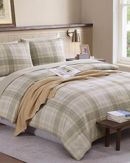 Beige Queen Bed Set, Khaki Green Plaid Comforters Queen Size for Boys & Girls,Classic Homestead-style Queen Size Comforter Sets with Sheets and Comforter Set - LeafyLoom