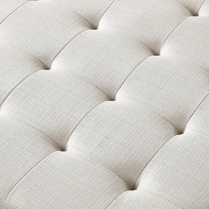24KF Large Square Upholstered Tufted Linen Ottoman Coffee Table, Large Footrest Ottoman with Solid Wood Shelf-Ivory - LeafyLoom