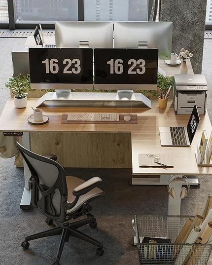 FEZIBO Triple Motor L-Shaped Electric Standing Desk, Height Adjustable Stand up Corner Desk, 63 Inches Sit Stand Workstation with Splice Board, White Frame/Light Walnut Top - LeafyLoom