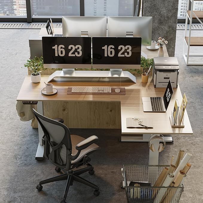 FEZIBO Triple Motor L-Shaped Electric Standing Desk, Height Adjustable Stand up Corner Desk, 63 Inches Sit Stand Workstation with Splice Board, White Frame/Light Walnut Top - LeafyLoom