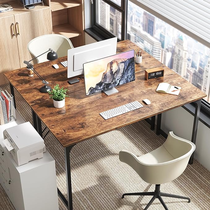 Computer Desk, 55 Inch Office Desk, Gaming Desk with Storage, Writing Desk Work Desk for Home Office, Study, Modern Simple Desk, Large Legroom, Metal Frame, Rustic Brown - LeafyLoom